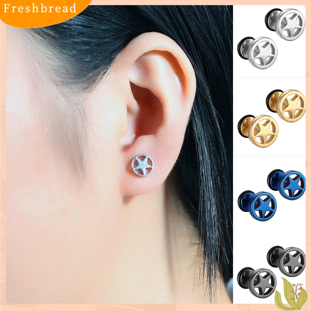 &lt; Freshbread &gt; Wanita Pria Pasangan Stainless Steel Berongga Bintang Barbel Anting Punk Ear Studs