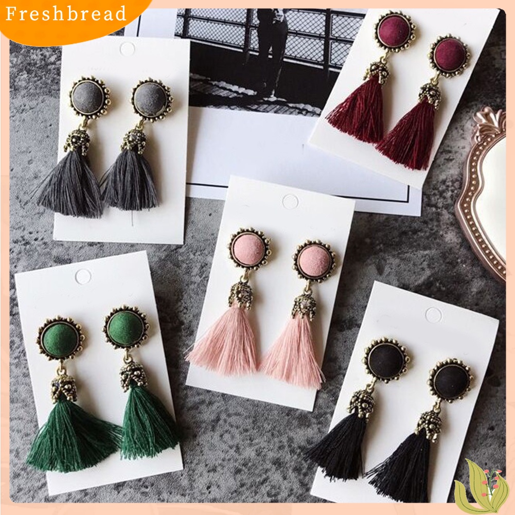 &lt; Freshbread &gt; Vintage Wanita Rumbai Berpohon Drop Bulat Telinga Stud Anting Pernyataan Perhiasan