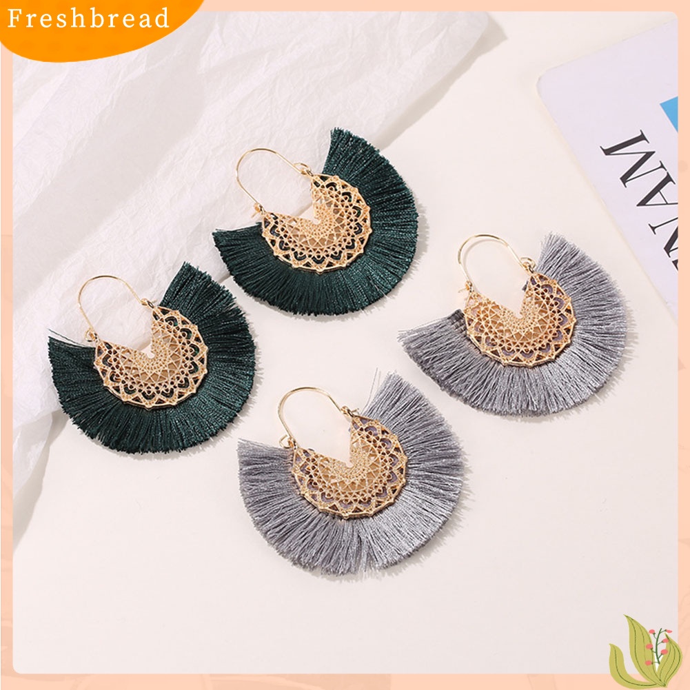 &lt; Freshbread &gt; Bohemian Wanita Berbentuk Kipas Rumbai Pinggiran Bunga Menjuntai Drop Hoop Earrings Jewelry