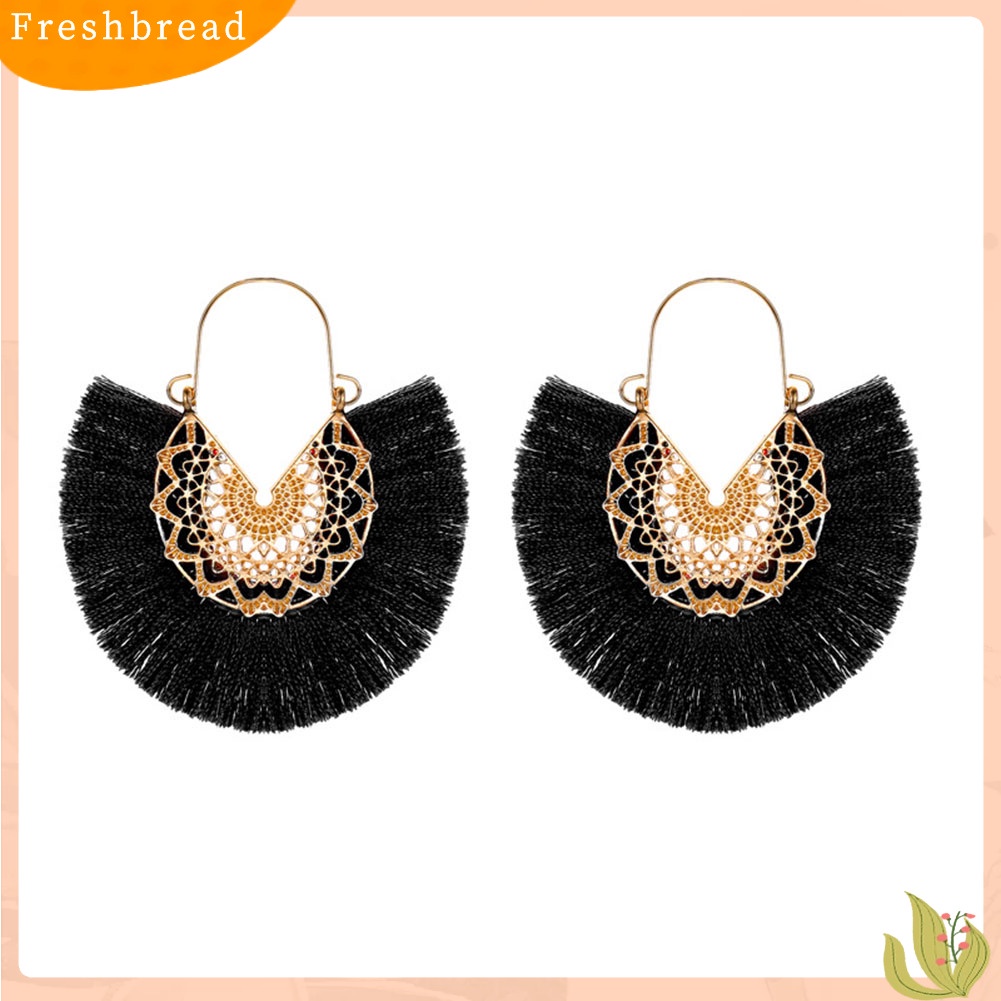 &lt; Freshbread &gt; Bohemian Wanita Berbentuk Kipas Rumbai Pinggiran Bunga Menjuntai Drop Hoop Earrings Jewelry