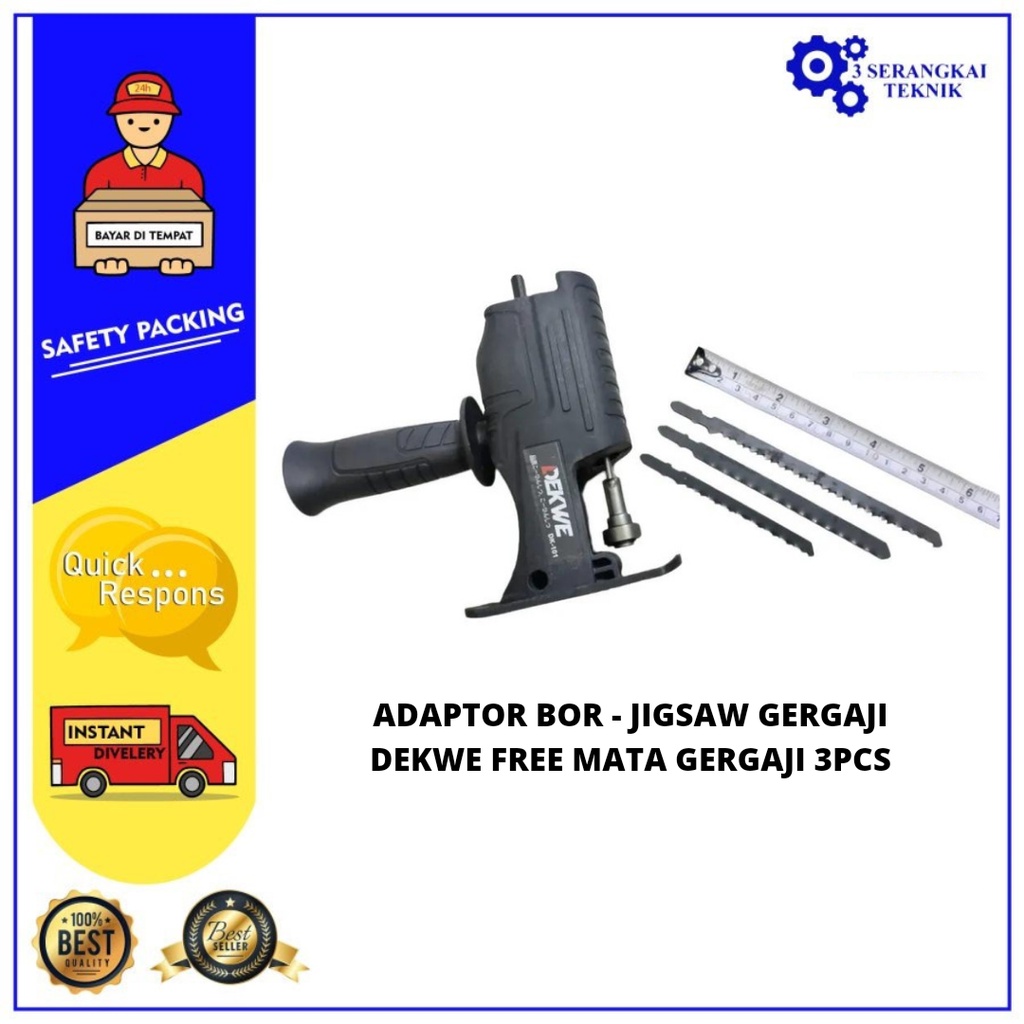 DEKWE Adaptor Bor Jig Saw Gergaji Potong Kayu Besi Reciprocating Free 3 Mata