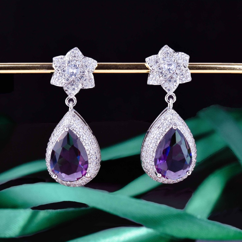 Goldkingdom Fashion Perhiasan Aksesoris Ready Stock Itali Craft Vintage Water Drop Pear Berbentuk Berlian Ungu Kalung Set Perempuan Amethyst Warna-Warni Harta Karun Cincin Bunga Anting