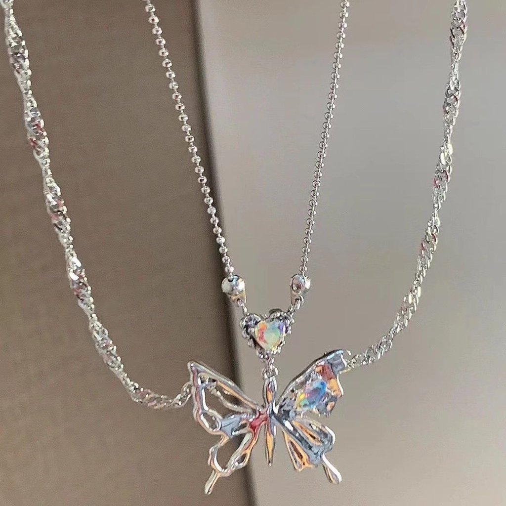 Kalung Liontin Kupu-Kupu Hati Choker Rantai Zircon Ganda Silver Untuk Aksesoris Perhiasan Wanita