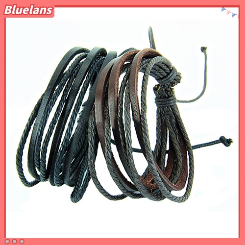 {In Stock} Pria Wanita Multilayer Kulit Imitasi Tali Kepang Adjustable Gelang Bangle