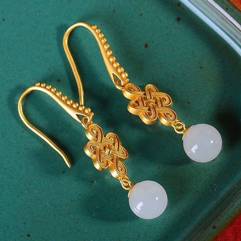 Goldkingdom Fashion Perhiasan Aksesoris Ready Stock Hetian Giok Anting Perempuan Warisan Tradisional Emas Bertatahkan Giok Putih Manik Anting Ear Hook Retro Earrings.