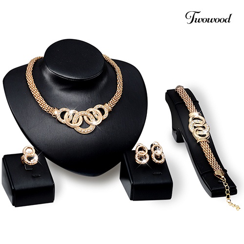 Twowood Wanita Pengantin Kristal Choker Kalung Anting Gelang Lampu Gantung Cincin Perhiasan Set