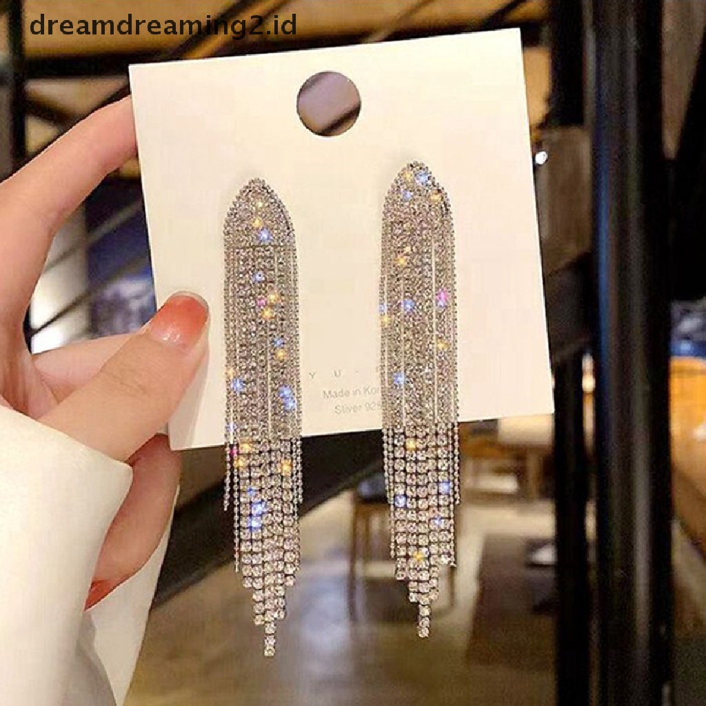 (hot) Rumbai Panjang Penuh Berlian Imitasi Drop Anting Untuk Wanita Ovsize Kristal Menjuntai Anting Fashion Perhiasan Aksesoris//