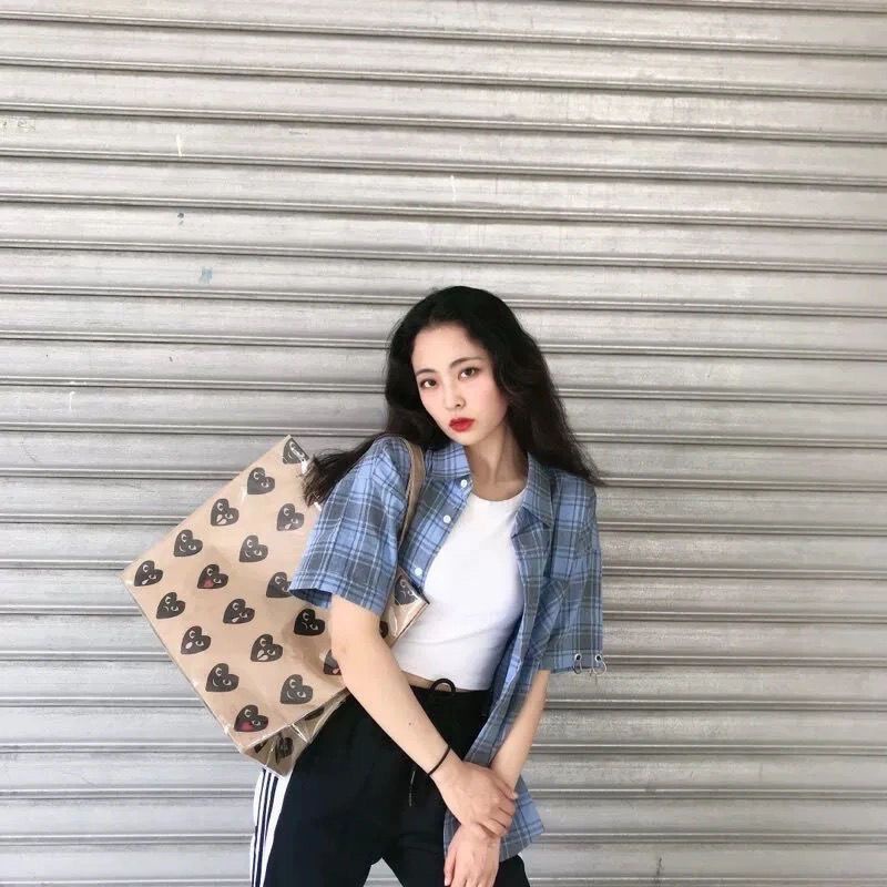 Sera trendy all-match one-shoulder heart handbag PVC transparan tas belanja kertas kraft berkapasitas besar siswa tote bag