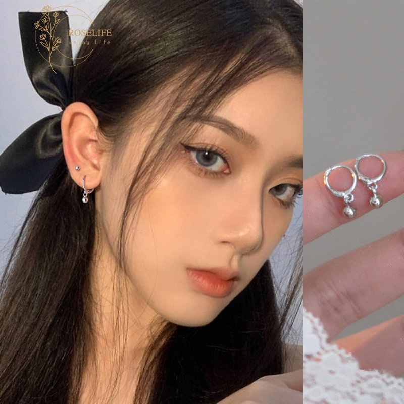 Roselife Korea Perak Bola Kecil Anting Hoop Untuk Wanita Perempuan Hypoallergenic Lucu Little Earring Pick Gratis Perhiasan Telinga