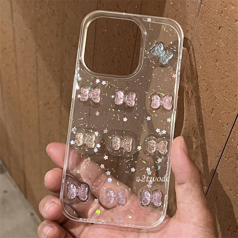 Casing 3D Permen Warna Bow Glitter Sequin Mewah Untuk Iphone14 13 12 11 Pro MAX Plus Mini Bling Lembut Bening Cover Untuk iPhone X XS MAX XR 7 8 Plus SE 2022 2020 14Plus 13Mini 12Mini