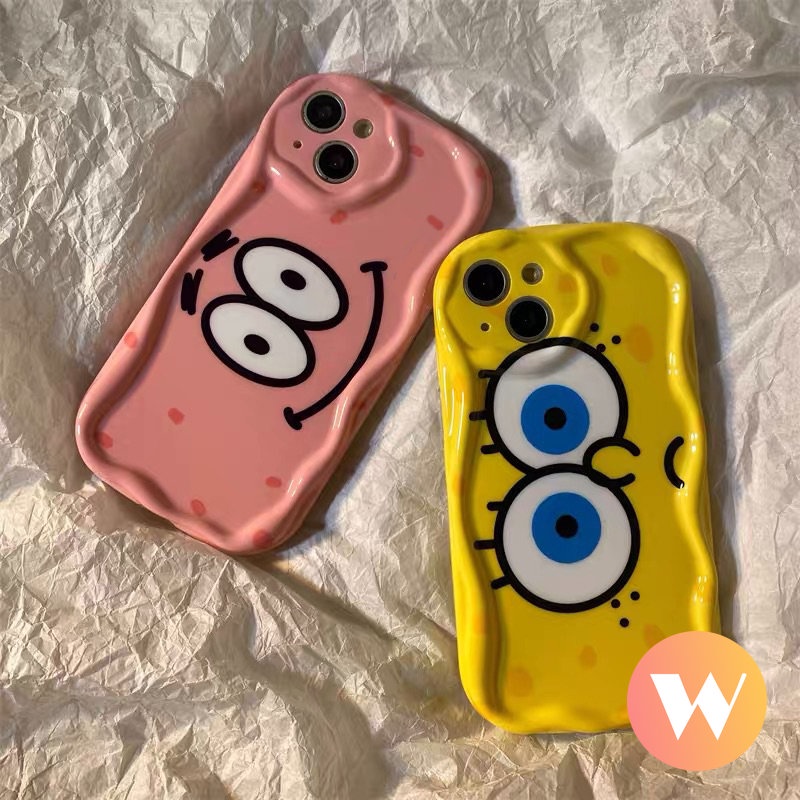 IPHONE Casing Glossy Tepi Melengkung Bergelombang 3D Kompatibel Untuk Iphone11 13 12 14 Pro Max 7Plus XR 6 7 6s 8 Plus X XS Max SE 2020 Kartun Lucu SpongeBob Patrick Star Shockproof Airbag Soft Cover