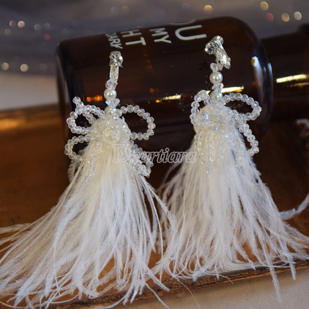 Anting Pengantin Wanita Super Abadi Premium Kristal Earclip Wedding Feather Style Earrings Handmade Manik