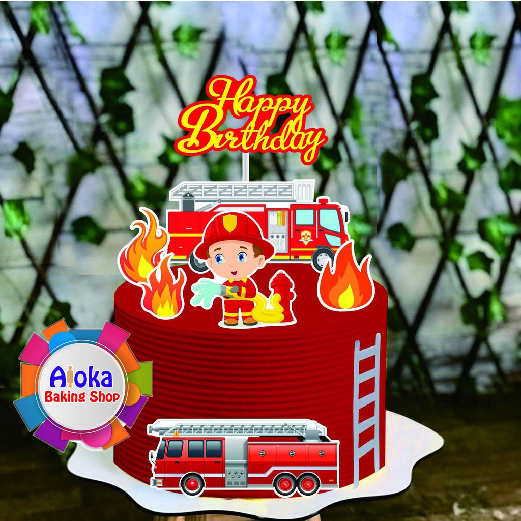 Topper Kue Tema Pemadam Kebakaran  Fire Truck  Firefighter  Dekorasi Kue Ulang Tahun