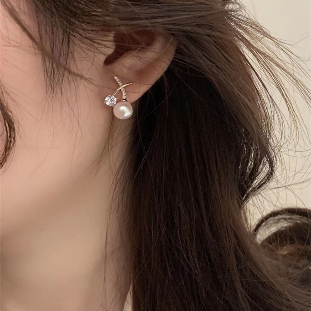 Populer Korea Cahaya Mewah fashion Bertatahkan Zirkon Salib Anting Mutiara Gadis