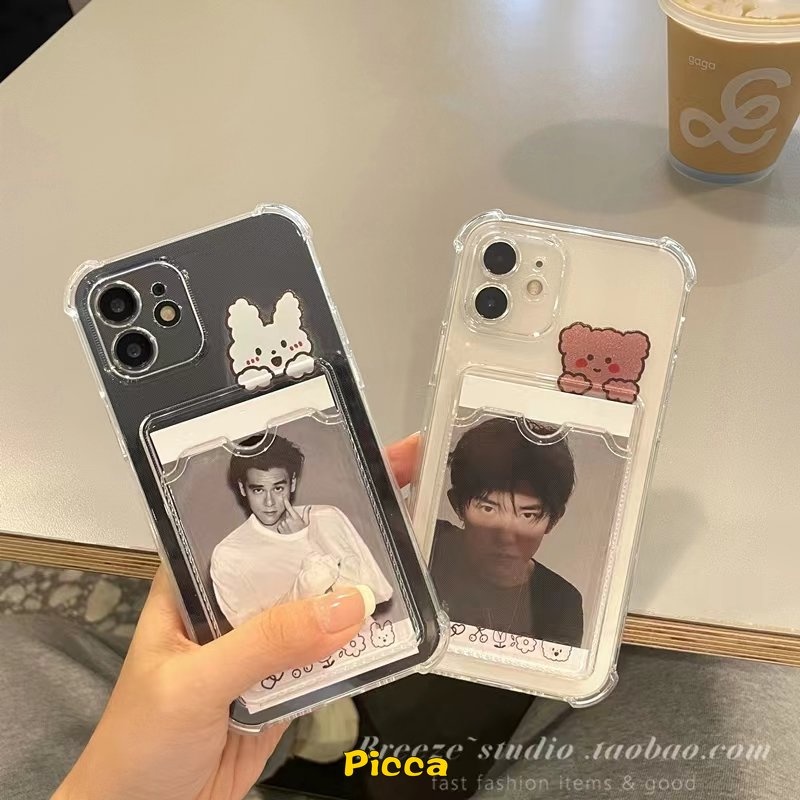 Case Tas Kartu Kelinci Beruang Kartun Lucu Compatlble Untuk iPhone 7Plus 11 12 13 14 Pro MAX XR X XS MAX 6 6s 7 8 Plus SE 2020 Slot Dompet Casing Bening Transparan Shockproof Soft Cover