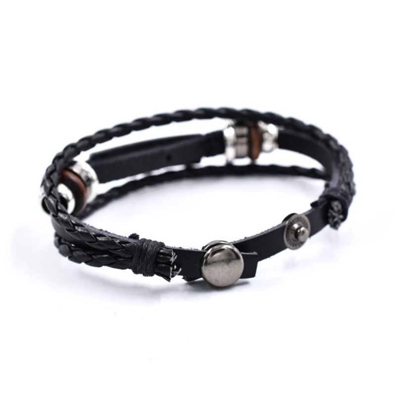 [Z H Perhiasan] Vintage Manik-Manik Gelang Kulit Pria Dan Wanita Fashion Stainless Steel Multilayer Gelang Punk Pesta Rock Perhiasan Aksesoris