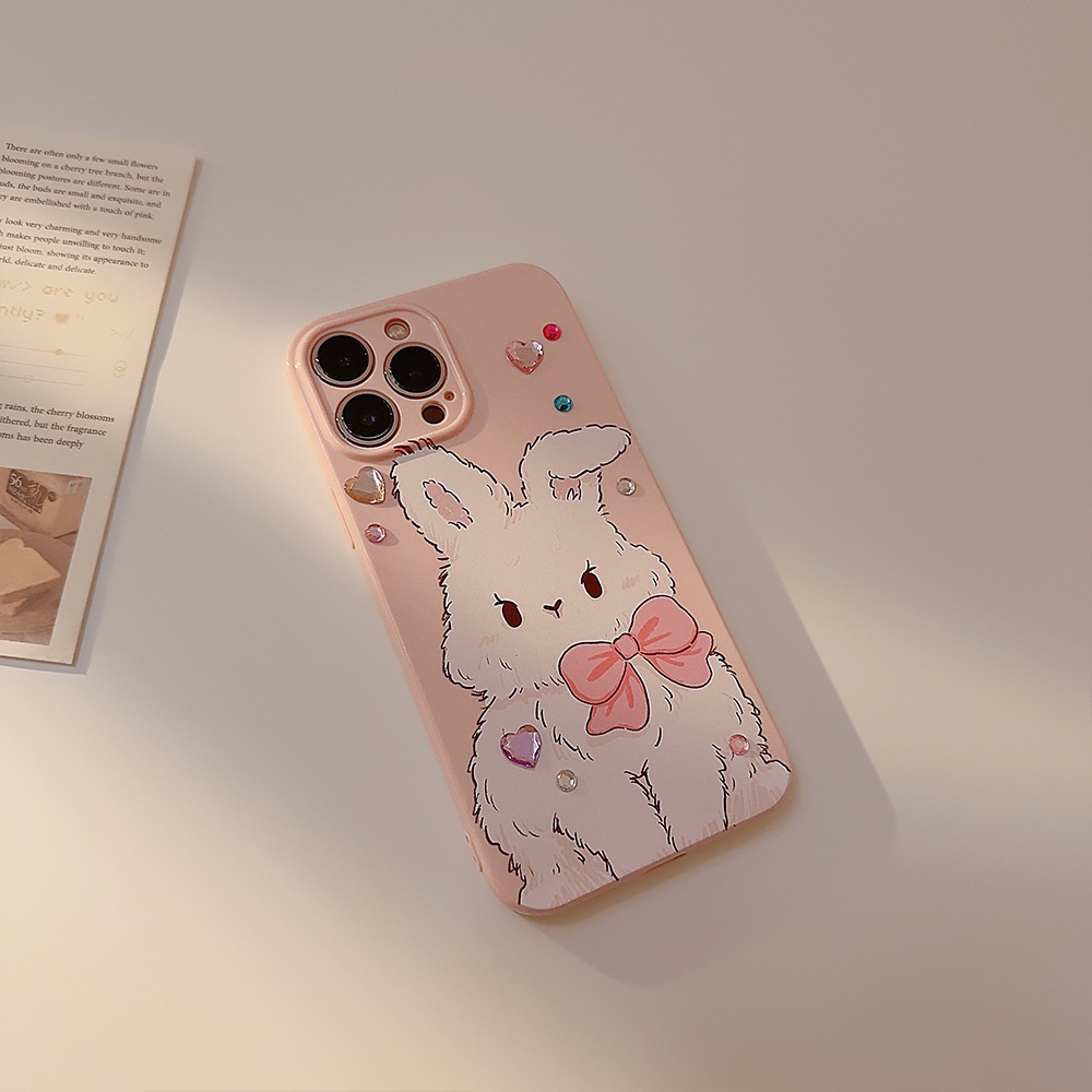 IPHONE Cute Pink Bunny Kelinci Perlindungan Penuh Lembut Casing Ponsel Cover Dengan DIY Berlian Imitasi Stiker Untuk Iphone11 12 13 14 PLUS PRO MAX