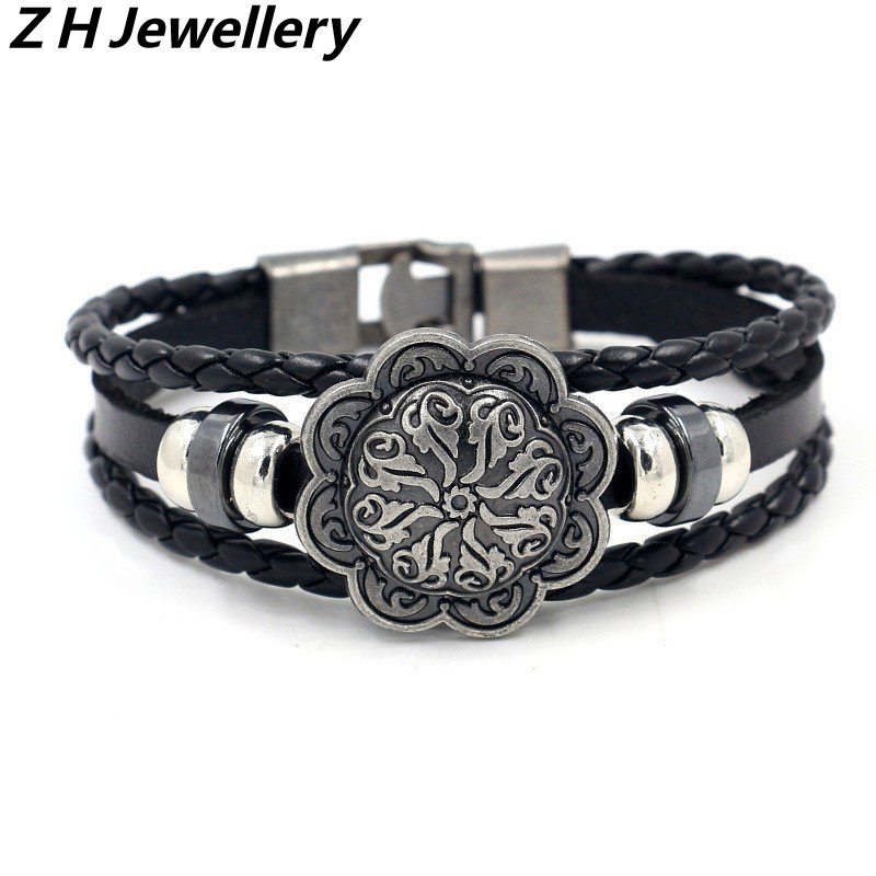 [Z H Perhiasan] Vintage Rock Rune Perisai Gelang Kulit Fashion Pria Dan Wanita Anti Karat Multilayer Manik-Manik PU Gelang Punk Pesta Perhiasan Aksesoris