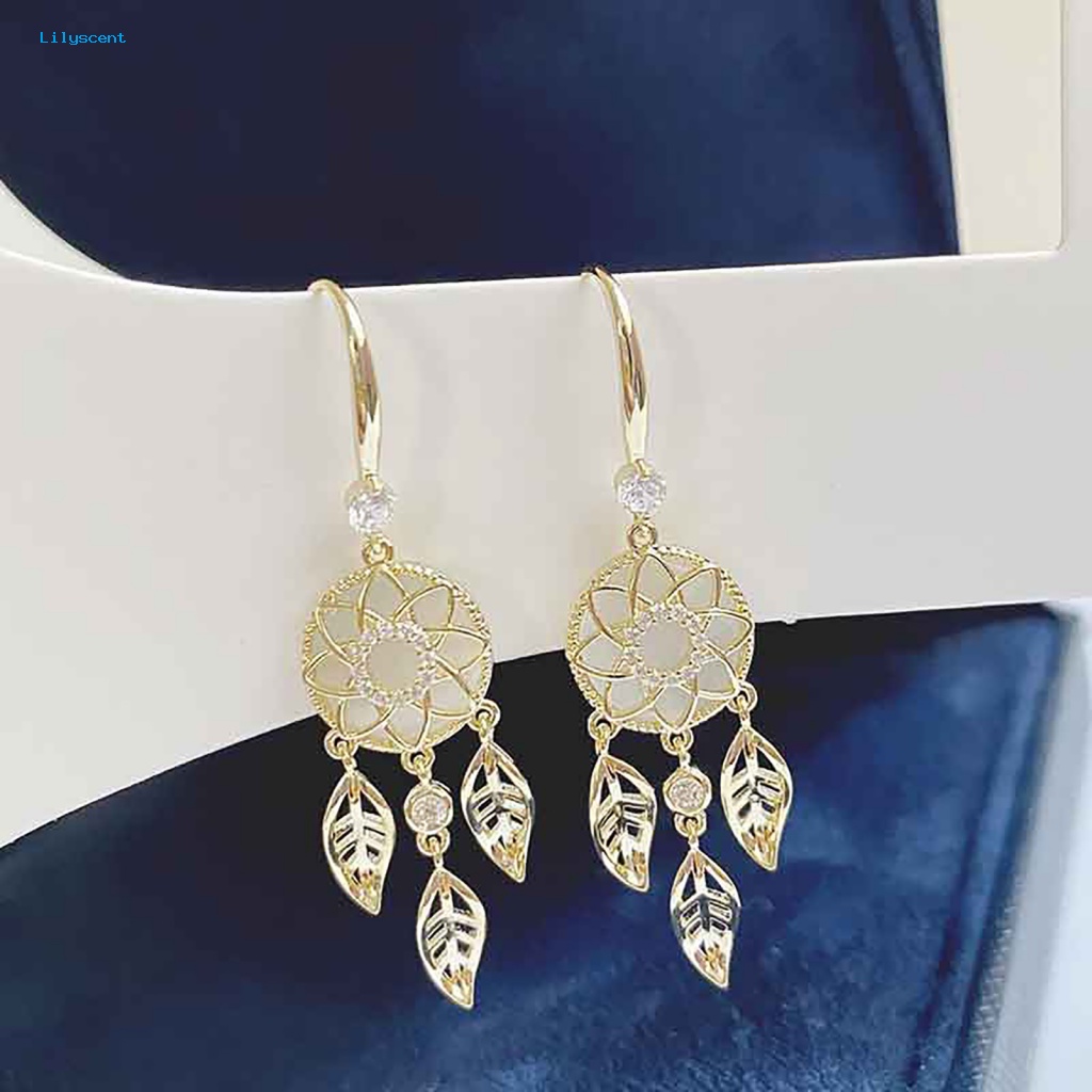 Lilyscent 1pasang Anting Rumbai Warna Emas Aksesori Perhiasan Bunga Hias Berlian Imitasi Daun Anting Rumbai Geometris