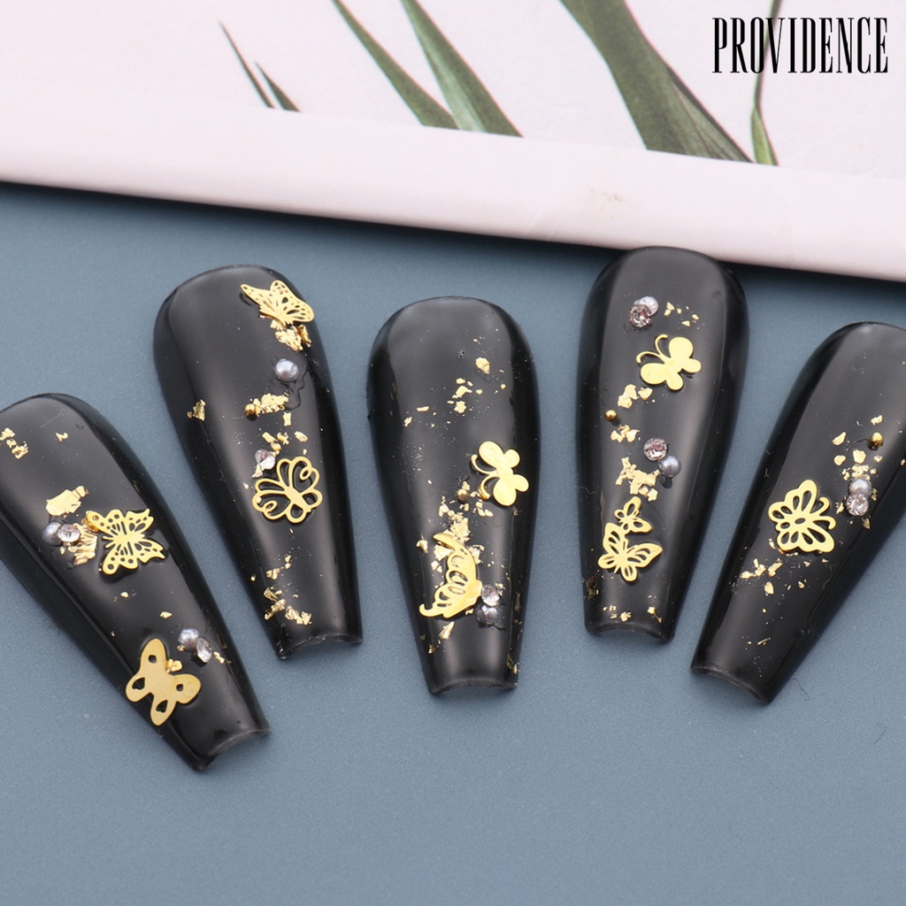 Providence 1kotak Pesona Nail Art Bersinar Berlubang Bentuk Kupu-Kupu Mudah Tempel Tahan Lama DIY Removable Golden Metal Nail Sticker Untuk Gadis Wanita