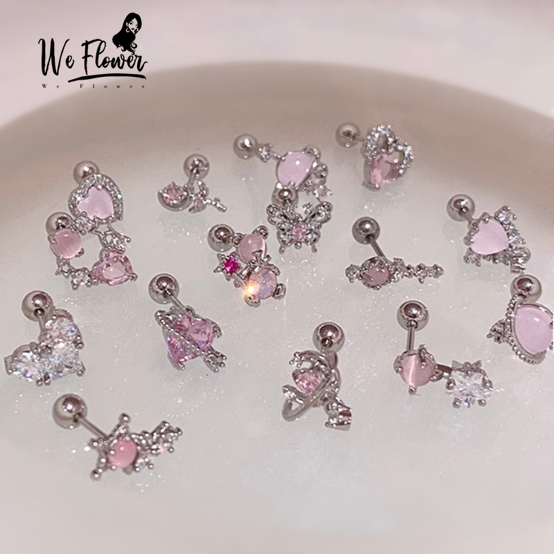 Kami Bunga Keren Manis s925 Perak Berkilau Kristal Pink Opal Hati Beruang Stud Anting-Anting Untuk Wanita Perempuan Korea Lucu Berlian Imitasi Cinta Sekrup Anting-Anting Tindik Telinga Perhiasan Aksesoris