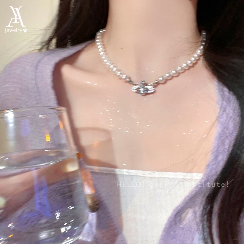 Ay (CN) Gelang Mutiara Planet Mewah Choker Kristal Perak Untuk Aksesoris Perhiasan Wanita