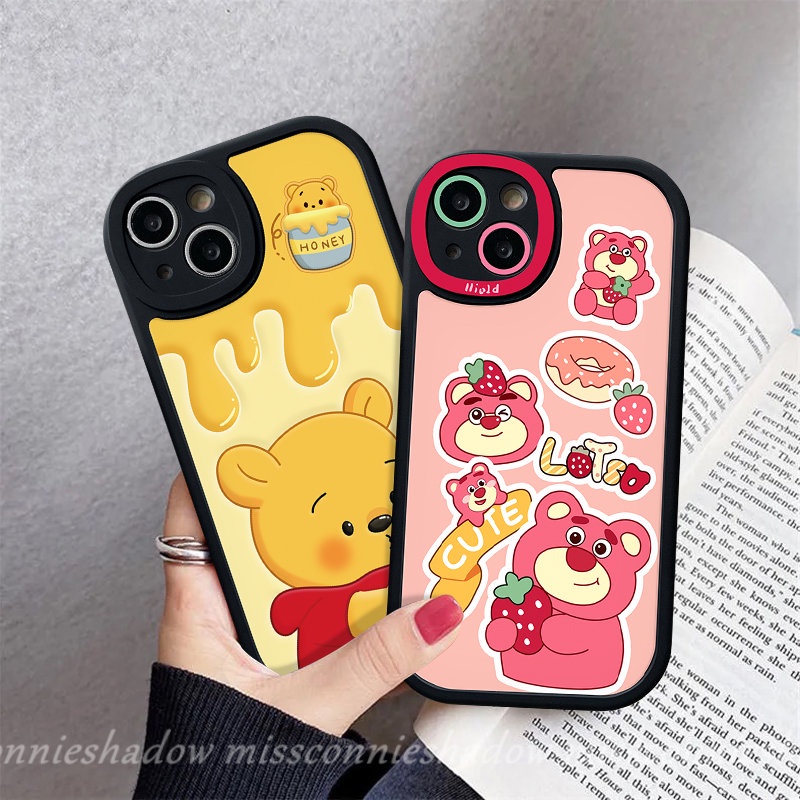 IPHONE Kartun Strawberry Bear Manyo Lovely Winnie The Pooh Case Kompatibel Untuk Iphone11 7 8 Plus XR 13 11 14 12 Pro Max X XS Max 6 6s Plus SE 2020 Fashion Pasangan Shockporoof Soft Cover