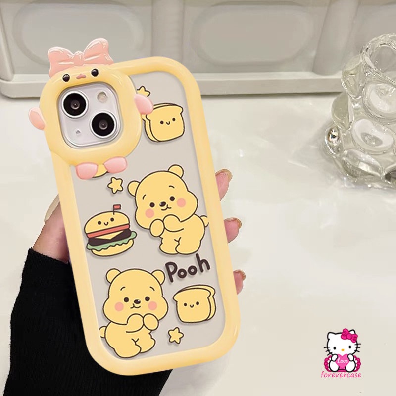 IPHONE 3d Ikatan Simpul Beruang Lucu Monster Kecil Case Lensa Kompatibel Untuk Iphone11 13 14 12 Pro Max 7Plus X XS XR Max 6s 6 8 7 Plus SE 2020 Kartun Winnie the Pooh Lembut Tpu Cover