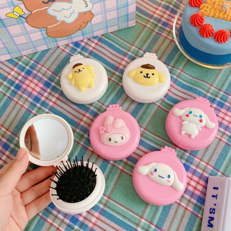 Kartun Cermin Bulat Air Cushion Air Bag Comb Portable Sisir Rambut Lipat Two In One Alat Pijat Relaksasi Kulit Kepala