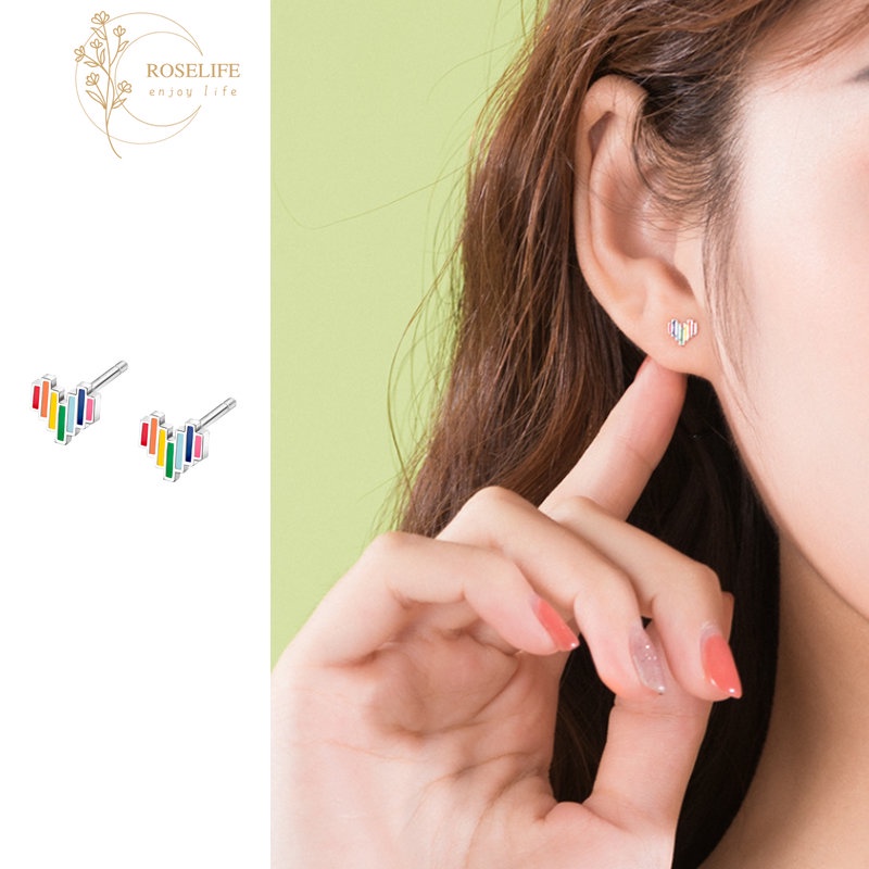 Roselife ins Trendi S925 Perak Kecil Rainbow Heart Stud Earrings Untuk Wanita Gadis Korea Kecil Geometris Anting-Anting Lucu Fashion Telinga Perhiasan Aksesoris