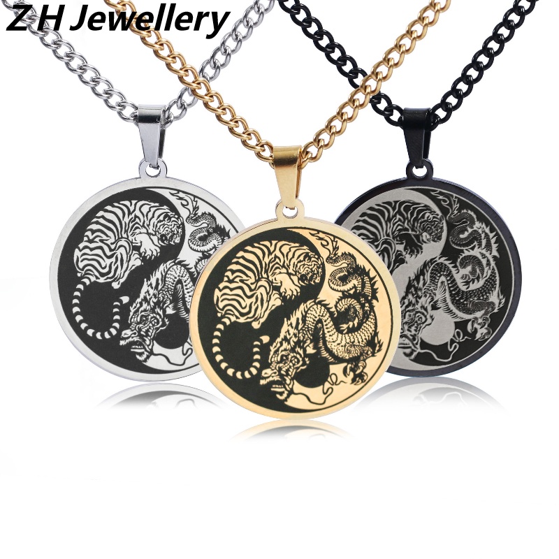 Z H Perhiasan Hip-hop Rock Stainless Steel Mendominasi Naga Harimau Yin Yang Tai Chi Liontin Untuk Pria Dan Wanita Fashionable Titanium Steel Kalung Retro Punk Aksesoris Pesta