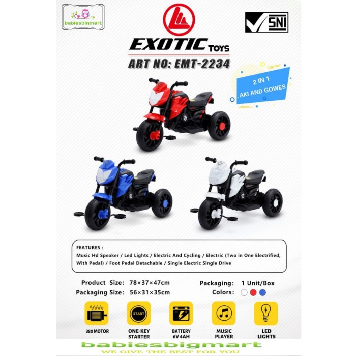 Mainan Anak Motor Aki 2in1 EMT 2234 Mode Gowes Dan Baterai Terbaru