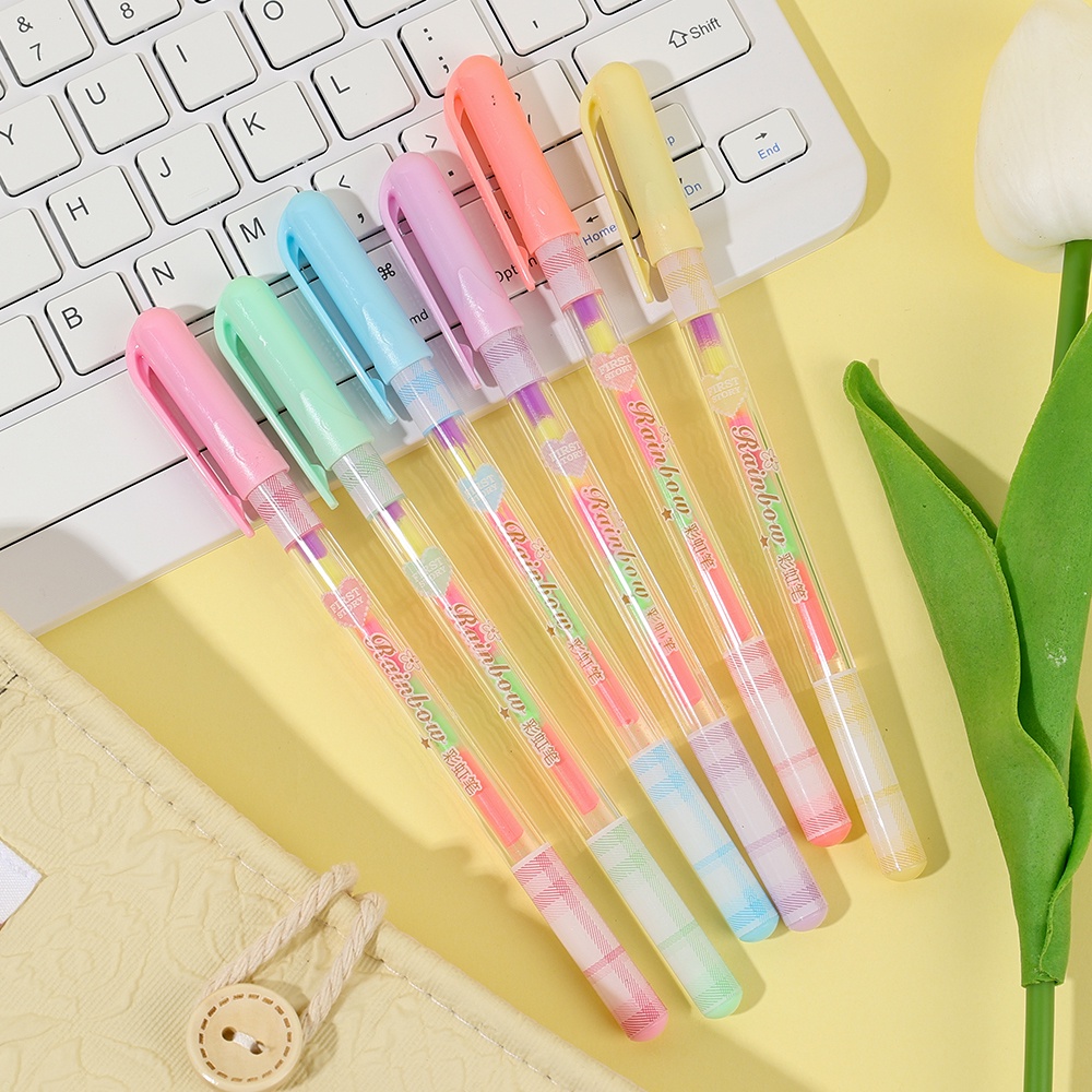 1pc Cute Kawaii Rainbow Stabilo Alat Tulis Bola 6warna Gradiasi Titik Pena Fluorescence Gambar Untuk Kantor Sekolah Pena Menulis