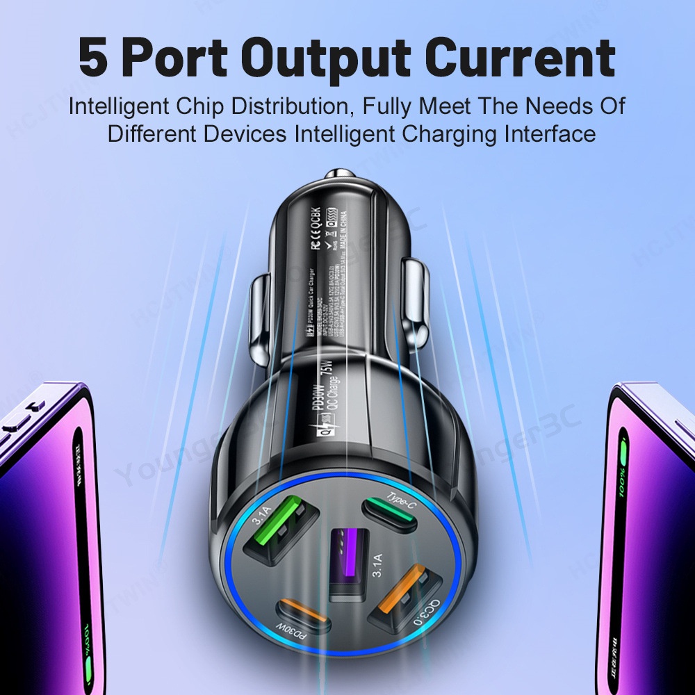 5in1 Fast Charging Charger 3USB+2PD Travel Adoptor 75W Adaptor Pengisian Cepat Untuk i-phone Android Micro Tipe C