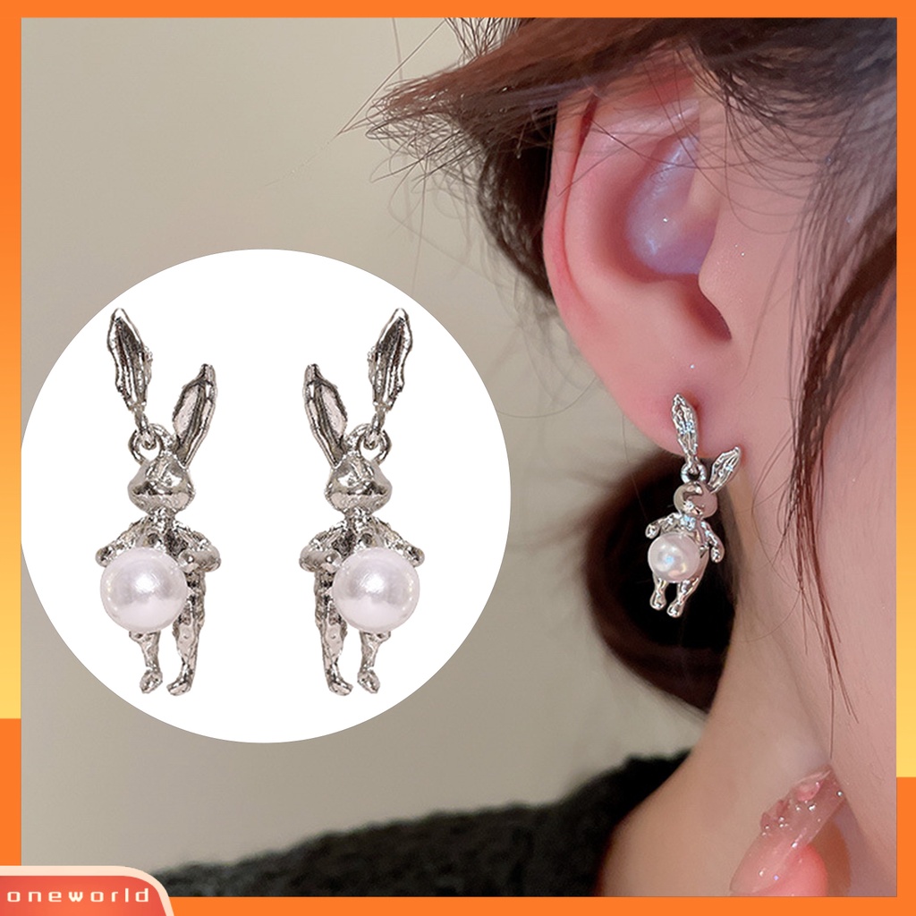 [EONE] 1pasang Ear Studs Lucu Warna Silver Membawa Keberuntungan High Gloss Faux Pearl Rabbit Kelinci Wanita Anting Perhiasan Aksesoris