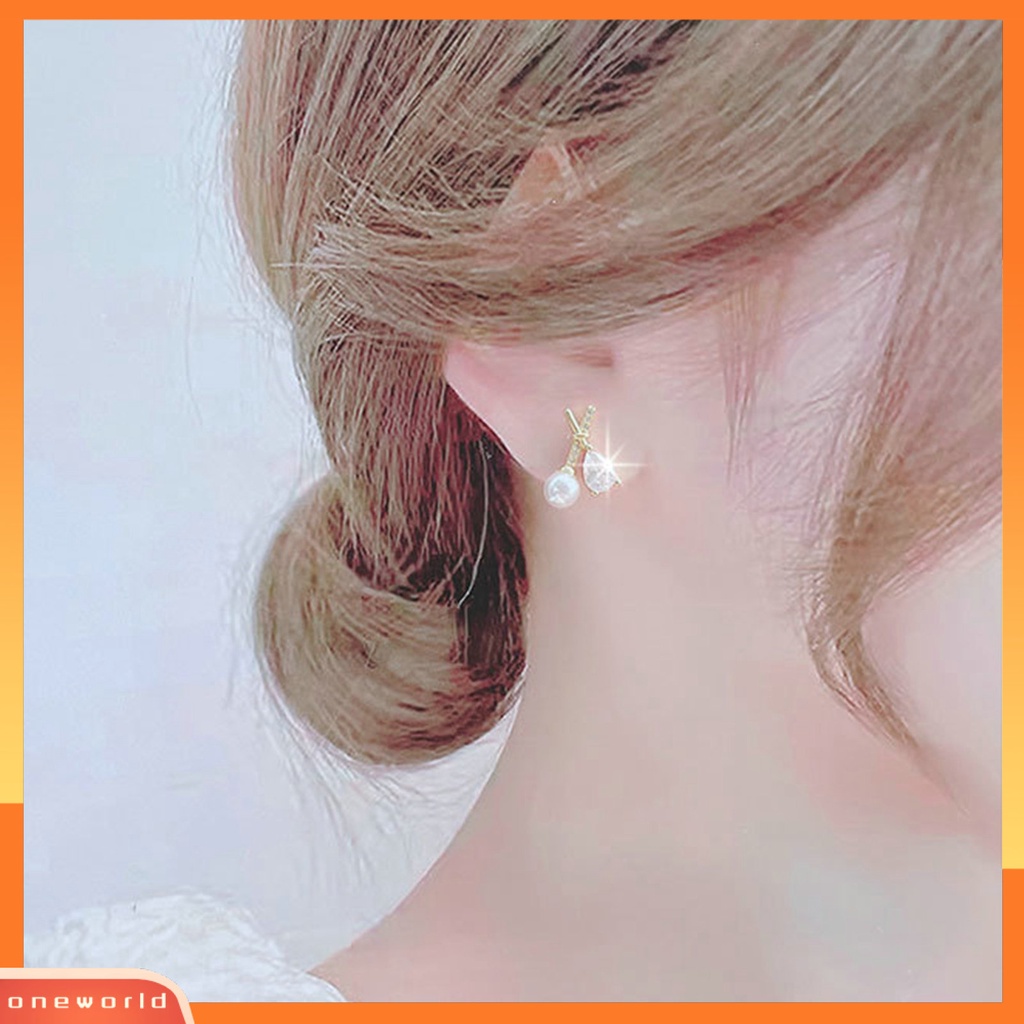 [EONE] 1pasang Ear Studs X Shaped Shining French Style Berlian Imitasi Hias Dekorasi High Gloss Tidak Teratur Faux Zircon Pearl Women Earrings Untuk Pesta