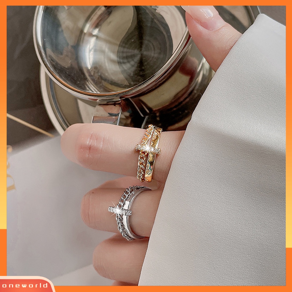 [EONE] Wanita Cincin Hip Hop Lapisan Ganda Hias Eye-catching Semua Pertandingan Hadiah Perhiasan Geometris Berlian Imitasi Bertatahkan Wanita Ladies Finger Ring Untuk Pacaran