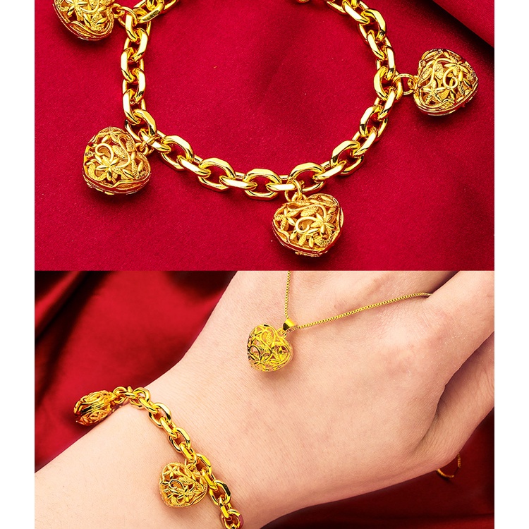Goldkingdom Perhiasan Fashion 24 K Bangkok Aksesoris Tempat Cinta Gelang Kalung Cincin Berongga Hati Liontin Set