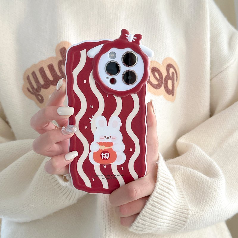 【Lamb Style】Red Wave Bunny Soft TPU Case HP iP iPhone 11 12 13 14 Pro Max 7 8 + Plus SE 2020 X XS XR Max Girl Woman FTD Casing Apple