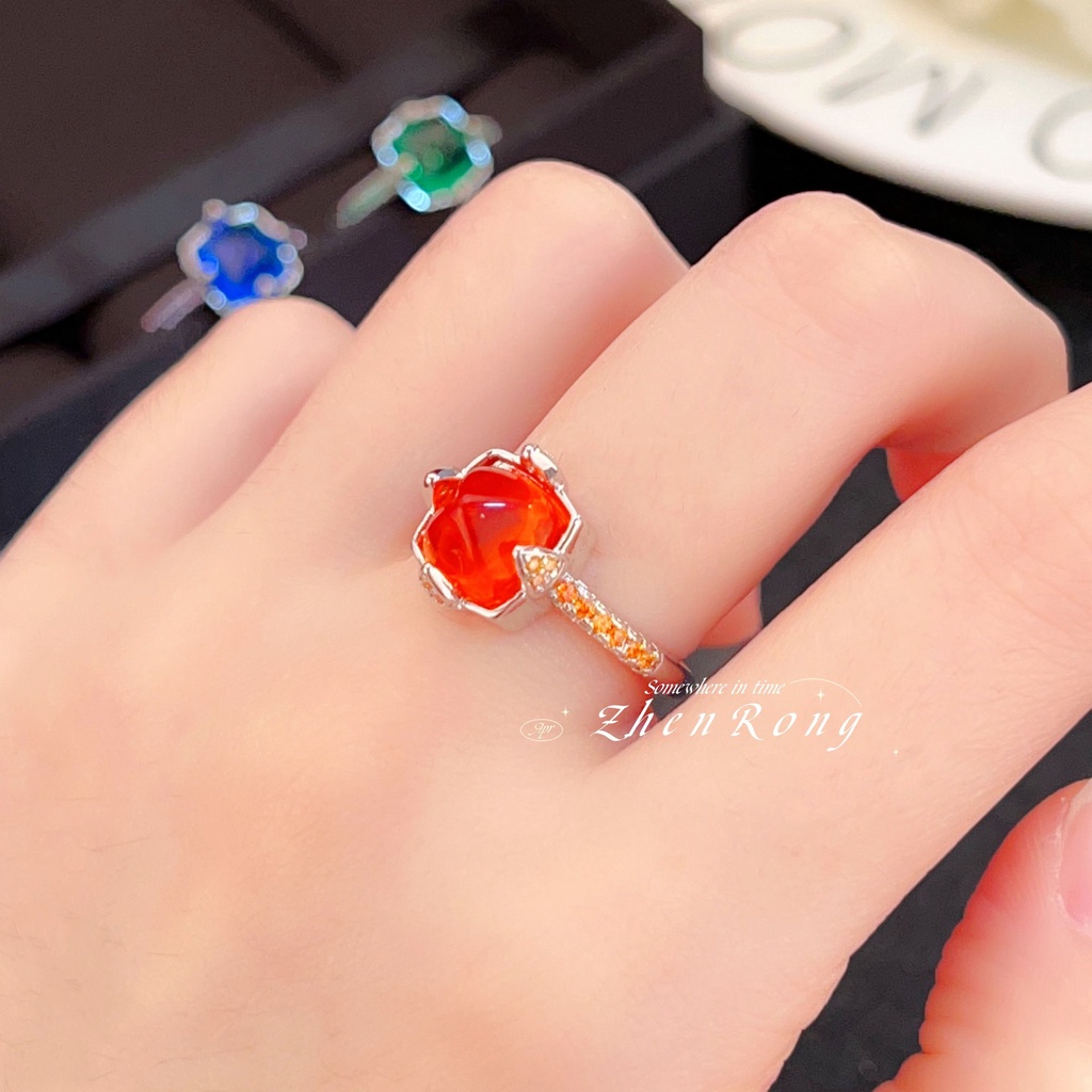 Goldkingdom Aksesoris Perhiasan Fashion Ready Stock Romantis Bertatahkan 5A Royal Blue Tandem Safir Cincin Dengan Bintang Terang Dan Langit Hijau Cincin Perempuan