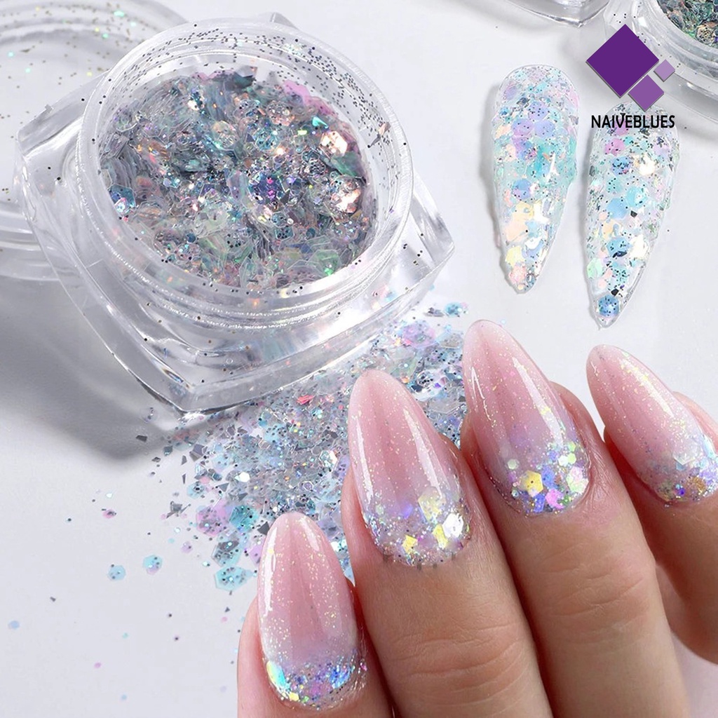 [naiveblues] 1set Nail Sequin Sparkling Ultra-Tipis Bersinar Visual Warna Vibrant Lebar Hias Mudah