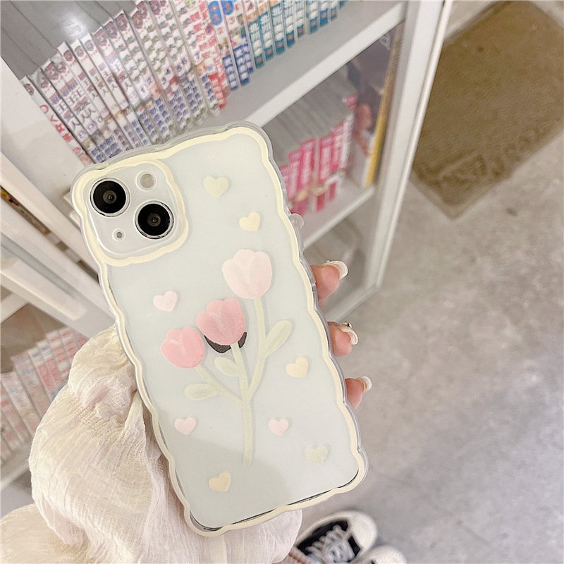 【INS Wave】Pink Tulip Love Soft TPU Case HP iP iPhone 11 12 13 14 Pro Max 7 8 + Plus SE 2020 X XS XR Max Girl Woman Clear FTD Casing Apple