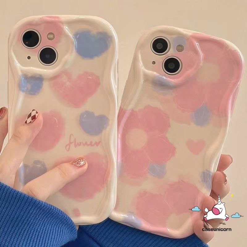 Casing Tepi Lengkung Bergelombang 3D Shockproof Kompatibel Untuk iPhone 7Plus 11 14 12 13 Pro Max XR X7 8 6s 6 Plus XS Max SE 2020 8Plus Pink Watercolor Flower Love Heart Soft Glossy Cover