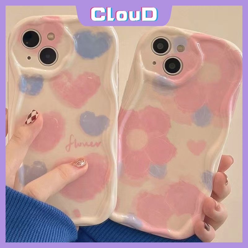 IPHONE Casing Bunga Cat Air Kompatibel Untuk Iphone11 14 12 13 Pro Max8 6s 7 6 Plus XR X XS Max 7Plus SE 2020 8Plus Shockproof 3D Wavy Curved Edge Soft Glossy Love Heart Cover