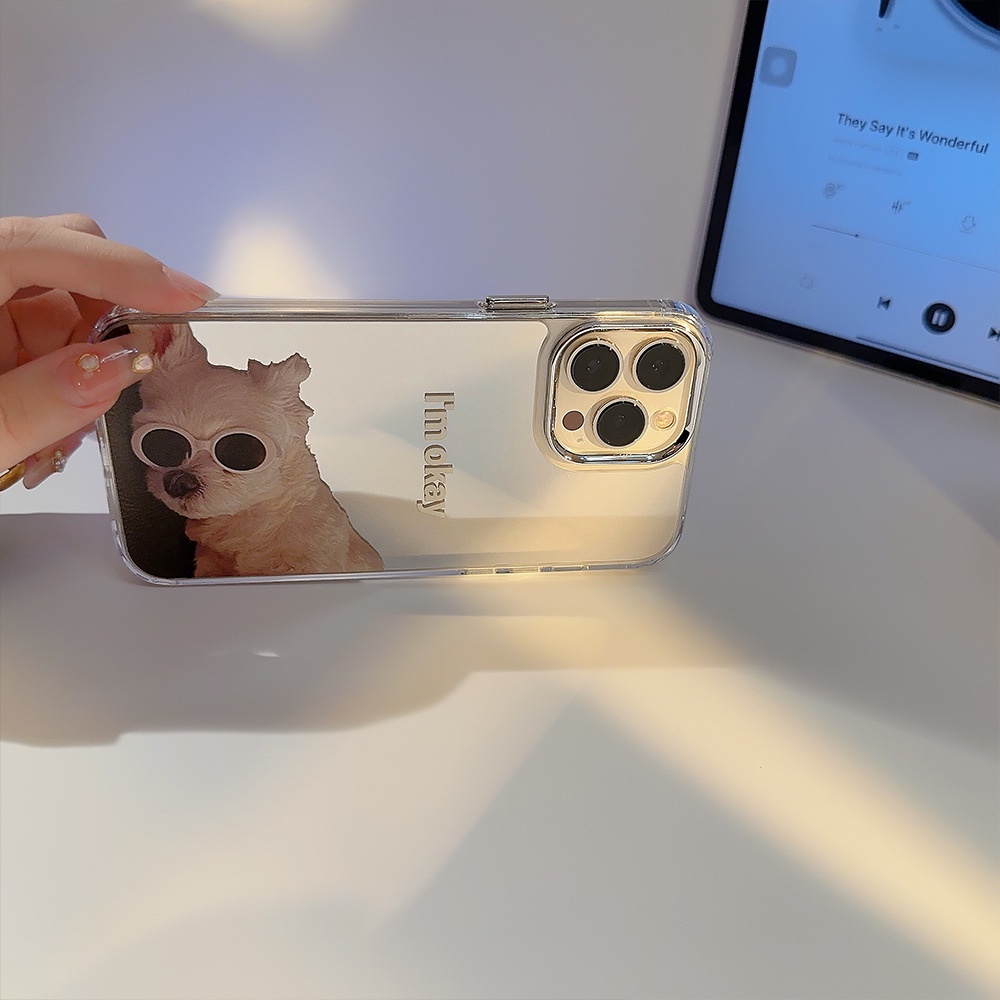 IPHONE I AM OKAY Lazy Laying Puppy Dog Dengan Kacamata Hitam Telepon Musim Panas Mirror Case Electroplated Camera Frame Cover Untuk Iphone11 12 13 14 PLUS PRO MAX