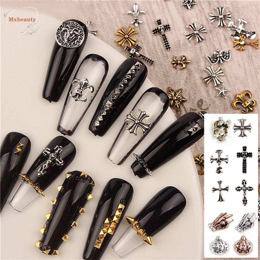 Mxbeauty Halloween Dekorasi Nail Art Metal 1Box Vintage Cross Hantu Labu Tengkorak Kepala Tulang Ujung Jari Ornamen Nail Art Perhiasan
