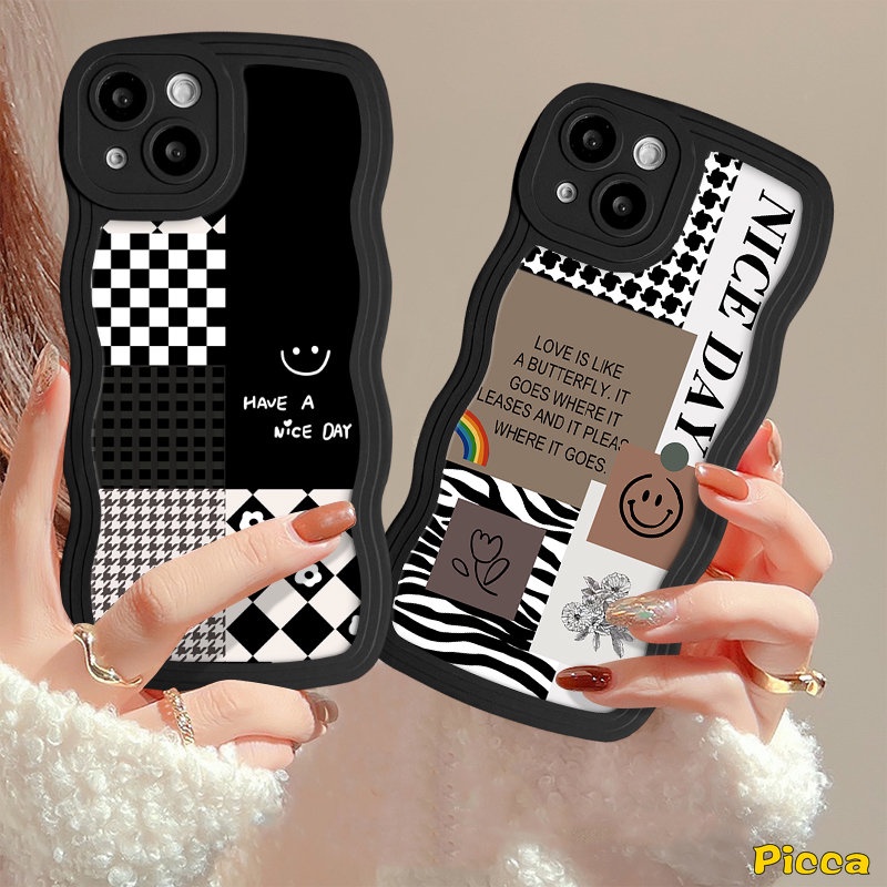 REDMI Untuk Redmi9 10C 12C 10A 9C A1+9A A1 9T 10 Note8 9 11s 9s 11 10s 10 Pro Mi 11T Pro POCO M3 X3 NFC Pro Smiley Berlian Houndstooth Pola Kisi Splicing Tepi Bergelombang Soft Case