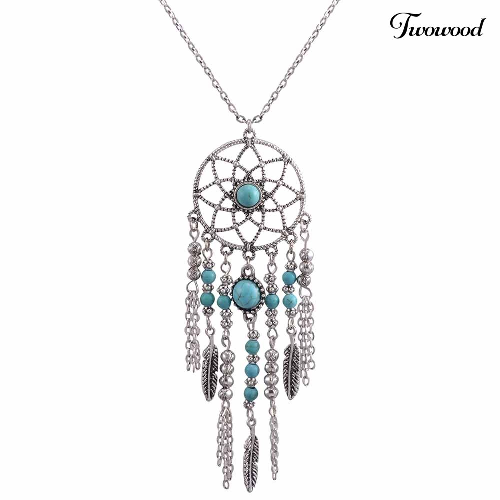 Twowood Boho Dreamcatcher Feather Turquoise Tassel Rantai Charm Kalung Wanita Perhiasan