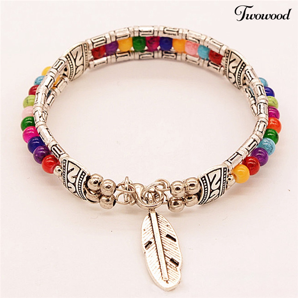 Twowood Women Bracelet Bentuk Bulu Bahan Alloy Imitasi Turquoise Tiga Lapis Women Bangles Untuk Hadiah