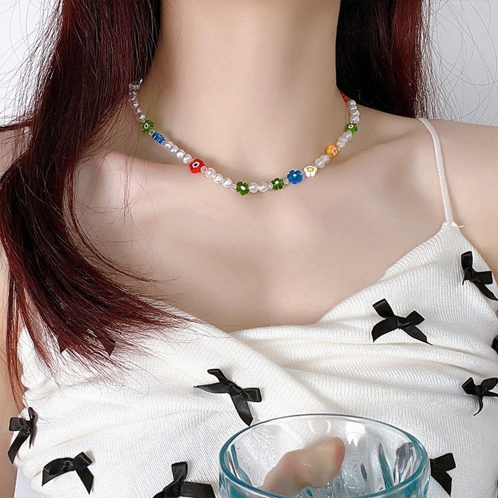 Mxbeauty Y2K Wanita Kalung Trendi Indah Halus Mutiara Busur Hati Tergantung Manik-Manik Paduan Gadis Choker